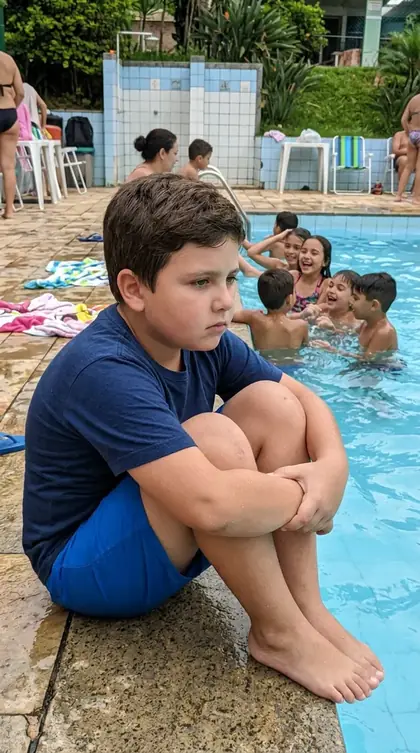 Menino sentado sozinho na borda da piscina de camiseta
