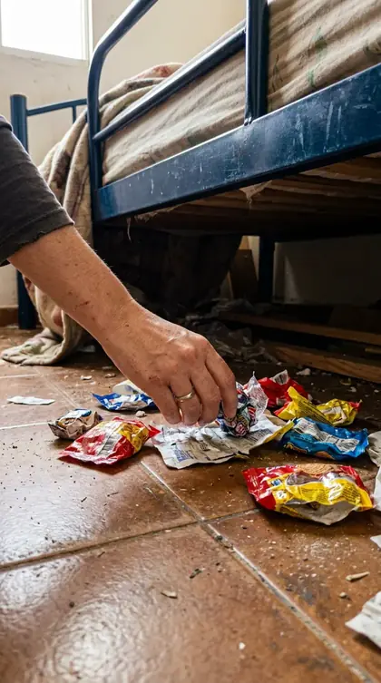 Papéis de bala e embalagens amassadas embaixo da cama
