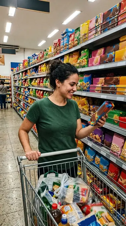Corredor de supermercado com prateleiras de salgadinhos e bolachas coloridas