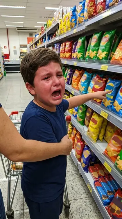 Criança chorando fazendo birra no corredor de salgadinhos do mercado