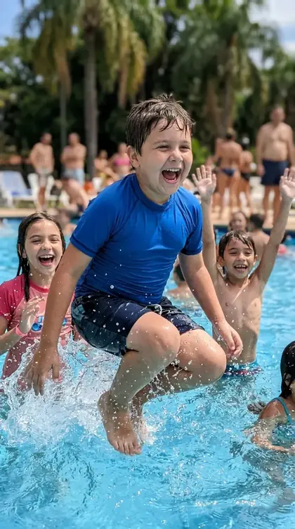 Menino pulando na piscina sorrindo, sem camiseta