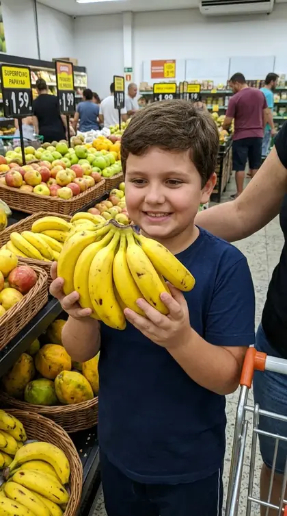 Menino segurando um cacho de bananas no mercado