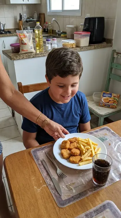 Mão servindo prato de nuggets de pacote com batata frita e copo de refrigerante